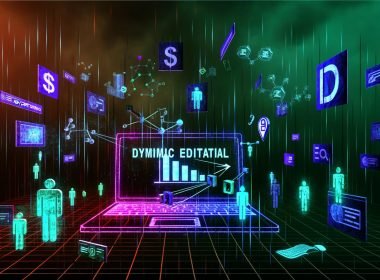 Neonfarbene, düstere Szene einer digitalen Redaktionsumgebung mit Laptop, Diagrammen, Metriken, AdSense, Affiliate-Icons, Paywall, Usern und Algorithmen-Grafiken.
