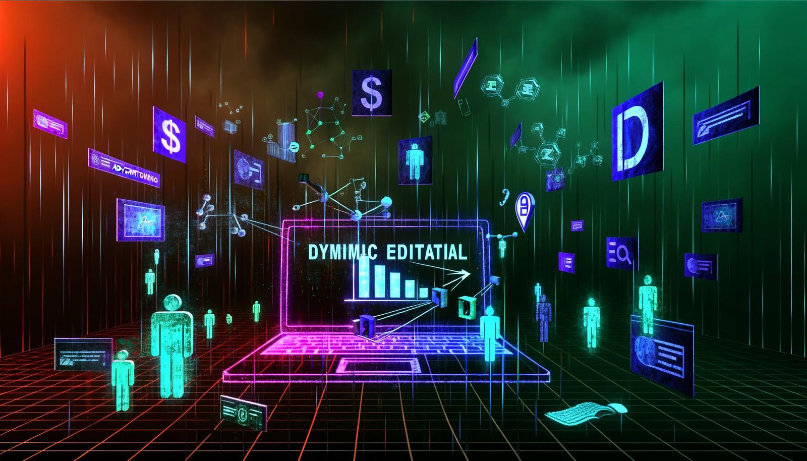 Neonfarbene, düstere Szene einer digitalen Redaktionsumgebung mit Laptop, Diagrammen, Metriken, AdSense, Affiliate-Icons, Paywall, Usern und Algorithmen-Grafiken.