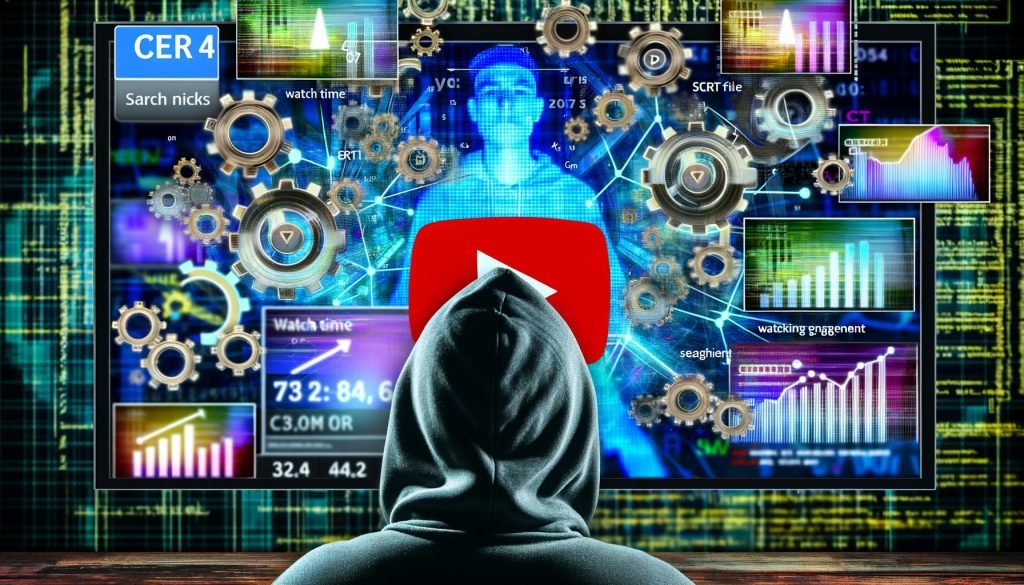 Innovation trifft Analyse: Ein moderner YouTube-Creator mit Hoodie und Cap analysiert Analytics-Daten auf mehreren Bildschirmen, umgeben von schwebenden Thumbnails, Play-Icons, SRT-Dateien und technischen Symbolen im energiegeladenen Urban-Look.