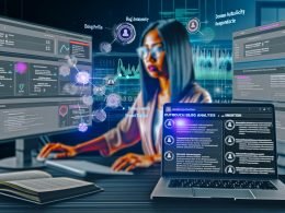 Digitaler Marketer im modernen Büro analysiert mehrere Dashboards mit KPIs, Blogger-Listen und KI-Datenströmen auf Monitoren und Laptop.