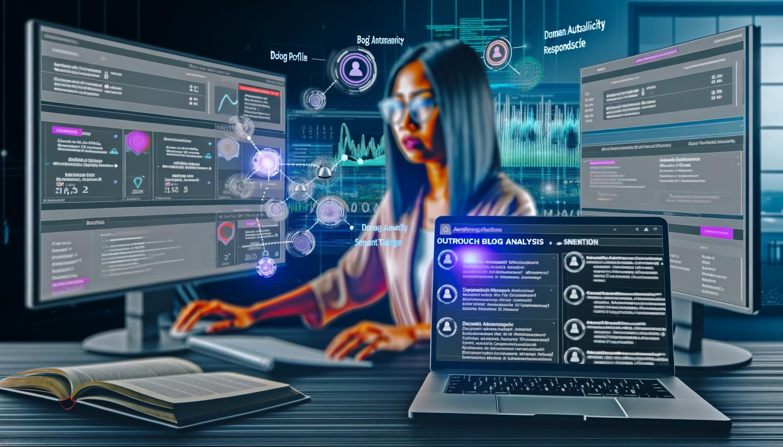 Digitaler Marketer im modernen Büro analysiert mehrere Dashboards mit KPIs, Blogger-Listen und KI-Datenströmen auf Monitoren und Laptop.