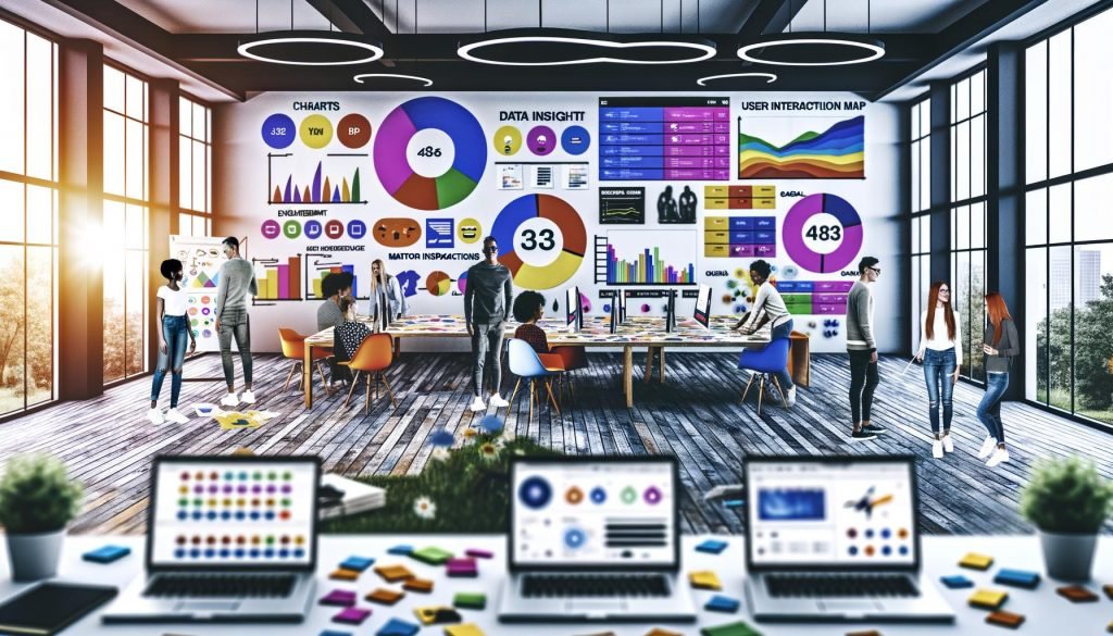 Junge, diverse Kreativschaffende in stilvoller Streetwear analysieren gemeinsam einen digitalen Marketing-Dashboard mit Datenvisualisierungen, Kampagnenbildern und Moodboards in einem lichtdurchfluteten, modernen Workspace.