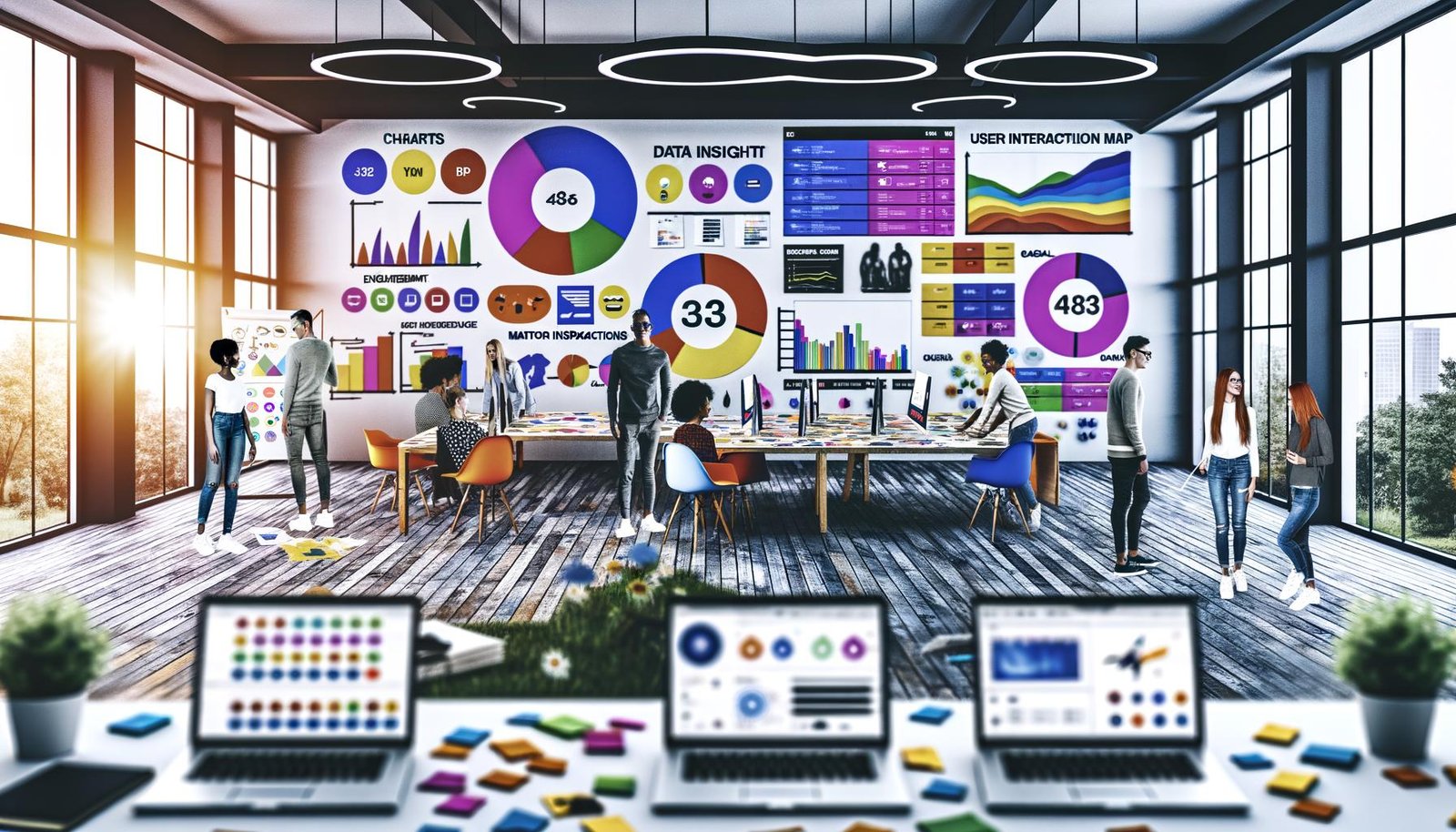 Junge, diverse Kreativschaffende in stilvoller Streetwear analysieren gemeinsam einen digitalen Marketing-Dashboard mit Datenvisualisierungen, Kampagnenbildern und Moodboards in einem lichtdurchfluteten, modernen Workspace.