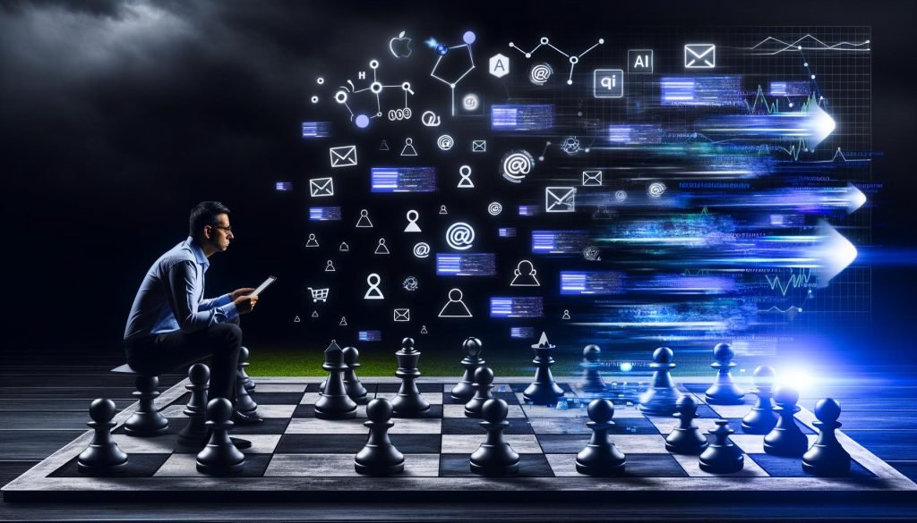 Anschauliche Szene: SEO-Experte am Spielfeldrand beobachtet, wie digitale Schachfiguren von einem von Webseiten-Icons, Code-Zeilen und Google-Logos dominierten Brett durch algorithmische Veränderungen verdrängt werden.