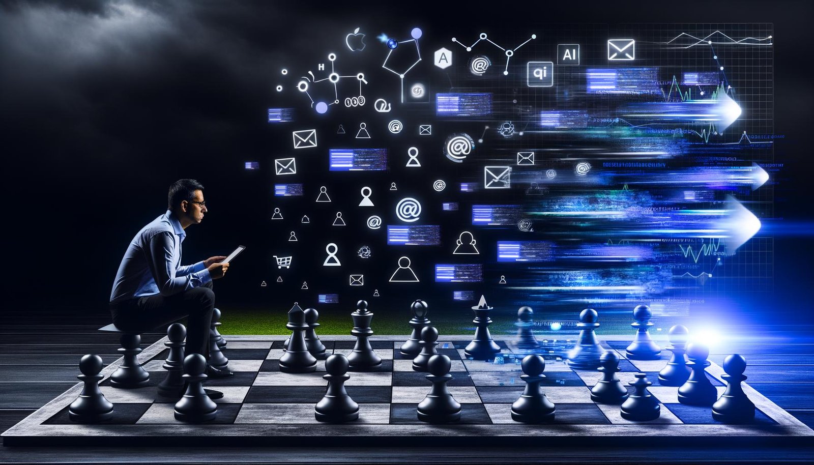 Anschauliche Szene: SEO-Experte am Spielfeldrand beobachtet, wie digitale Schachfiguren von einem von Webseiten-Icons, Code-Zeilen und Google-Logos dominierten Brett durch algorithmische Veränderungen verdrängt werden.