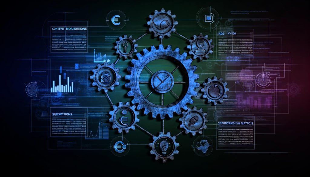 Illustration eines Framework-Diagramms zur Monetarisierung von Content, mit Content-Kanälen als Icons, umgeben von Zahnrädern für verschiedene Monetarisierungsmethoden, verbunden durch technische Symbole, auf dunklem modernen Hintergrund.