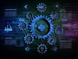 Illustration eines Framework-Diagramms zur Monetarisierung von Content, mit Content-Kanälen als Icons, umgeben von Zahnrädern für verschiedene Monetarisierungsmethoden, verbunden durch technische Symbole, auf dunklem modernen Hintergrund.