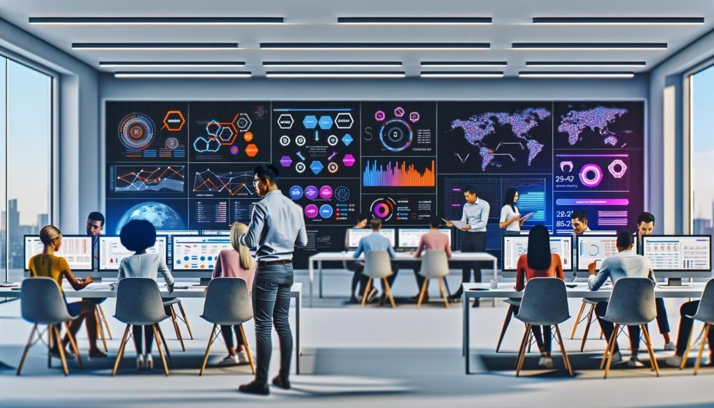 Modernes Großraumbüro einer Marketingabteilung im Jahr 2025 mit Mitarbeitenden, die an digitalen Dashboards, Whiteboards und Laptops arbeiten