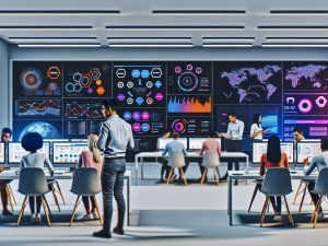 Modernes Großraumbüro einer Marketingabteilung im Jahr 2025 mit Mitarbeitenden, die an digitalen Dashboards, Whiteboards und Laptops arbeiten