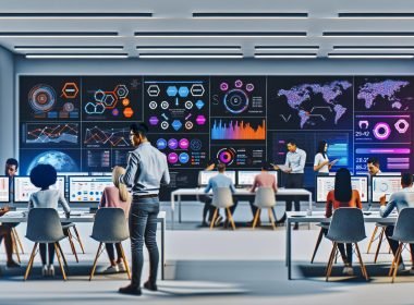 Modernes Großraumbüro einer Marketingabteilung im Jahr 2025 mit Mitarbeitenden, die an digitalen Dashboards, Whiteboards und Laptops arbeiten
