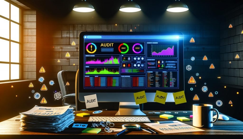 Stylisierter Schreibtisch mit Computerbildschirm, der ein technisches SEO-Audit-Dashboard mit Warnhinweisen und Diagrammen für Website-Fehler anzeigt, umgeben von Stapeln mit Audit-Dokumenten und digitalen Analysenelementen.