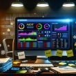 Stylisierter Schreibtisch mit Computerbildschirm, der ein technisches SEO-Audit-Dashboard mit Warnhinweisen und Diagrammen für Website-Fehler anzeigt, umgeben von Stapeln mit Audit-Dokumenten und digitalen Analysenelementen.