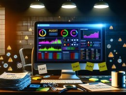 Stylisierter Schreibtisch mit Computerbildschirm, der ein technisches SEO-Audit-Dashboard mit Warnhinweisen und Diagrammen für Website-Fehler anzeigt, umgeben von Stapeln mit Audit-Dokumenten und digitalen Analysenelementen.