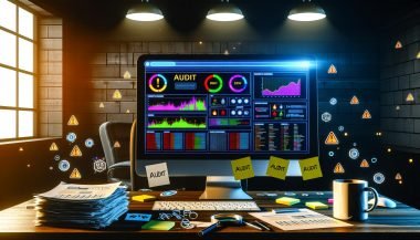 Stylisierter Schreibtisch mit Computerbildschirm, der ein technisches SEO-Audit-Dashboard mit Warnhinweisen und Diagrammen für Website-Fehler anzeigt, umgeben von Stapeln mit Audit-Dokumenten und digitalen Analysenelementen.