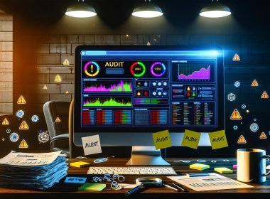 Stylisierter Schreibtisch mit Computerbildschirm, der ein technisches SEO-Audit-Dashboard mit Warnhinweisen und Diagrammen für Website-Fehler anzeigt, umgeben von Stapeln mit Audit-Dokumenten und digitalen Analysenelementen.