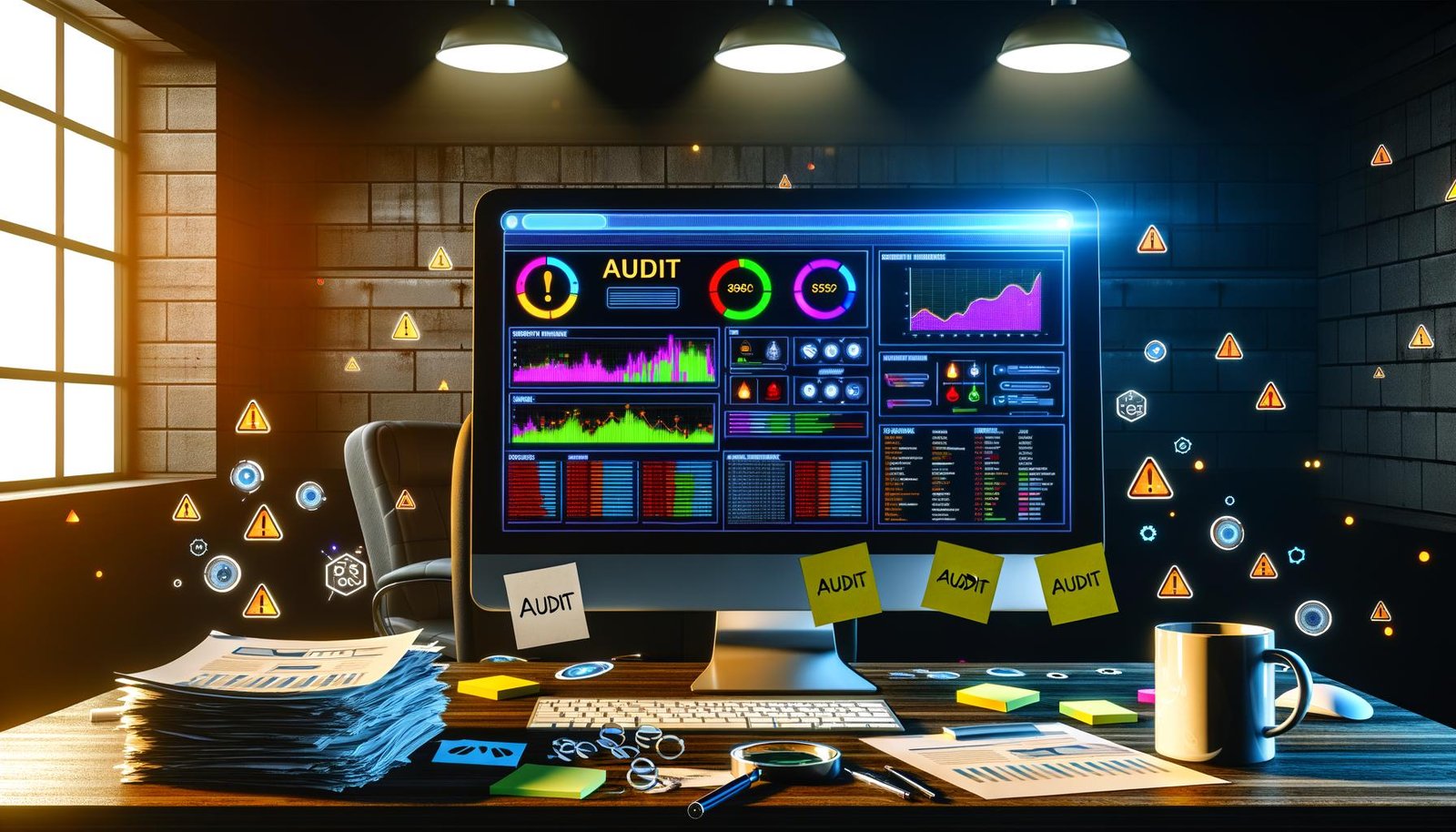 Stylisierter Schreibtisch mit Computerbildschirm, der ein technisches SEO-Audit-Dashboard mit Warnhinweisen und Diagrammen für Website-Fehler anzeigt, umgeben von Stapeln mit Audit-Dokumenten und digitalen Analysenelementen.