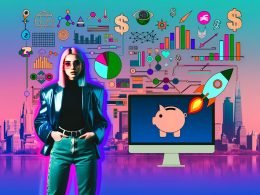 Junger, moderner Content Creator vor Computer mit Diagrammen, Geldsymbolen, Social-Media-Icons und abstrahierter Städtesilhouette im energiegeladenen 80s-Cyberpunk-Stil.