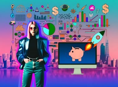 Junger, moderner Content Creator vor Computer mit Diagrammen, Geldsymbolen, Social-Media-Icons und abstrahierter Städtesilhouette im energiegeladenen 80s-Cyberpunk-Stil.