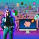 Junger, moderner Content Creator vor Computer mit Diagrammen, Geldsymbolen, Social-Media-Icons und abstrahierter Städtesilhouette im energiegeladenen 80s-Cyberpunk-Stil.
