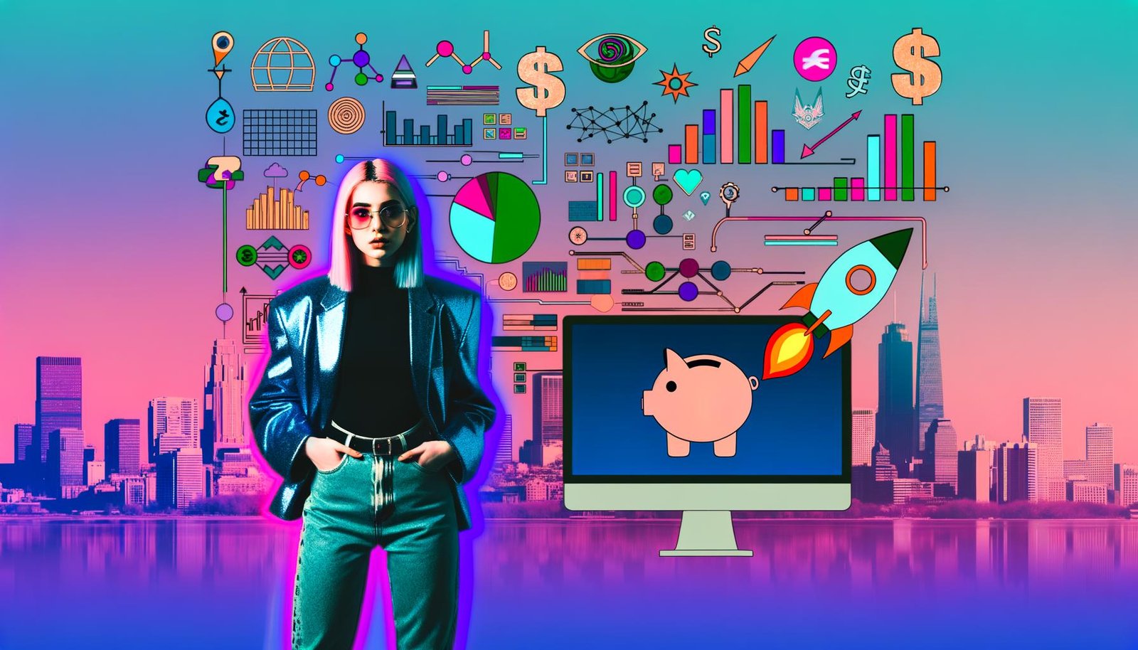 Junger, moderner Content Creator vor Computer mit Diagrammen, Geldsymbolen, Social-Media-Icons und abstrahierter Städtesilhouette im energiegeladenen 80s-Cyberpunk-Stil.
