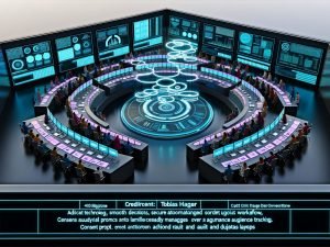 Blick auf ein futuristisches digitales Command Center für Marketing mit modernen Bildschirmen, Datenströmen und Workflow-Automatisierung im Fokus.