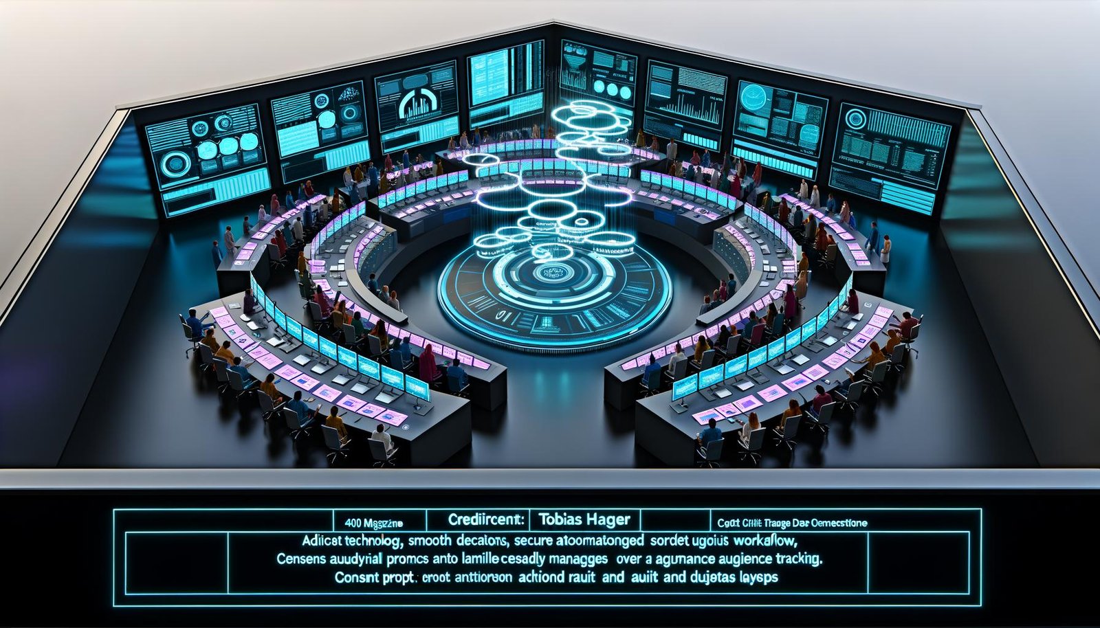 Blick auf ein futuristisches digitales Command Center für Marketing mit modernen Bildschirmen, Datenströmen und Workflow-Automatisierung im Fokus.