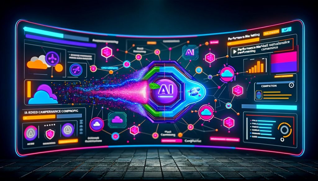Digitale Illustration eines modernen User-Interfaces mit lebendigem AI-Dialog, abstrakten Datenströmen, neuronalen Netzwerken und API-Visualisierungen im Performance-Marketing-Kontext 2025.