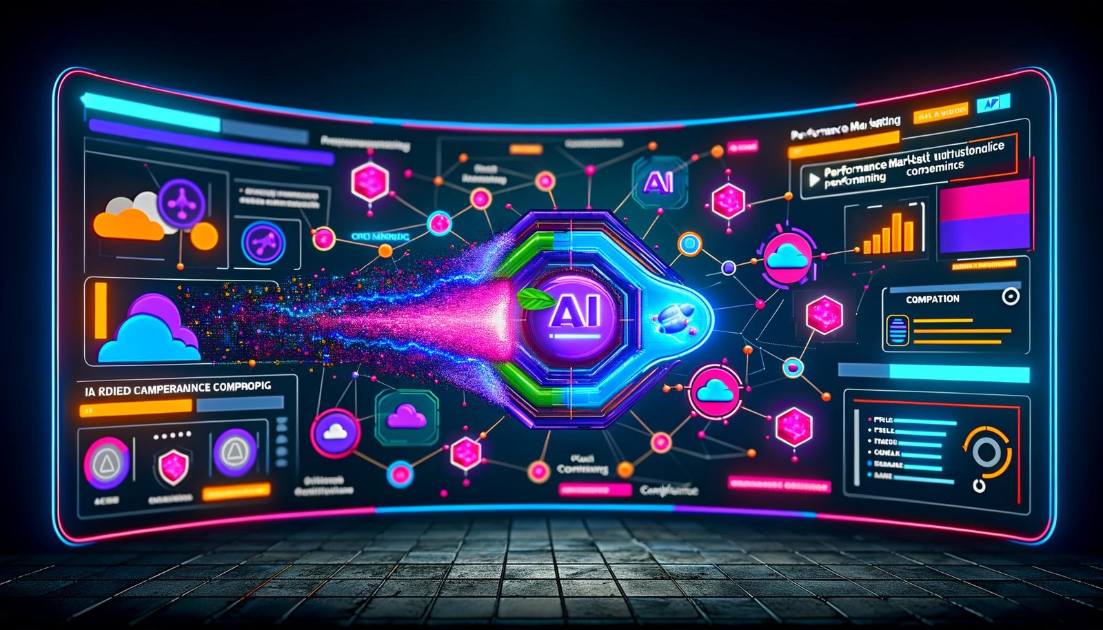 Digitale Illustration eines modernen User-Interfaces mit lebendigem AI-Dialog, abstrakten Datenströmen, neuronalen Netzwerken und API-Visualisierungen im Performance-Marketing-Kontext 2025.