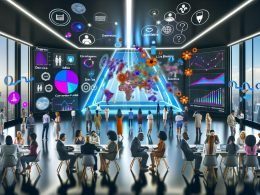 Team aus Digitalmarketing-Experten analysiert interaktive Datenvisualisierungen im High-Tech-War Room, um Marketingstrategien zu optimieren.