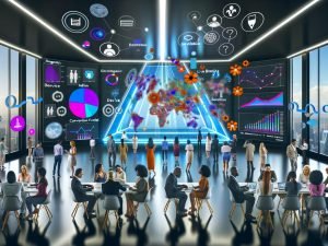 Team aus Digitalmarketing-Experten analysiert interaktive Datenvisualisierungen im High-Tech-War Room, um Marketingstrategien zu optimieren.