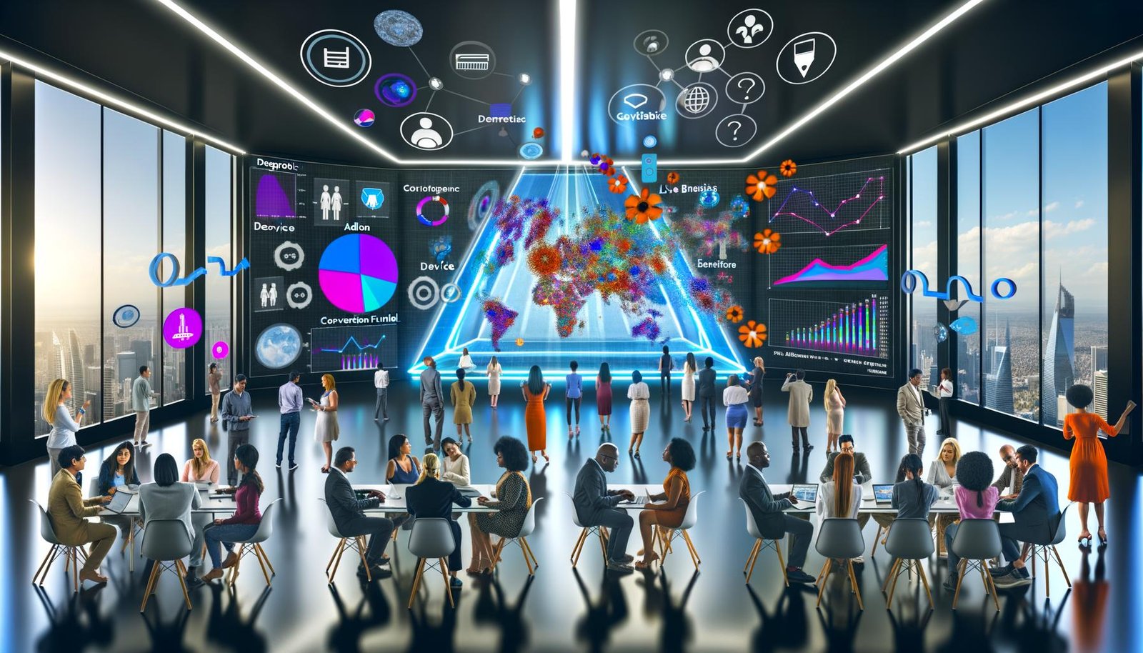 Team aus Digitalmarketing-Experten analysiert interaktive Datenvisualisierungen im High-Tech-War Room, um Marketingstrategien zu optimieren.