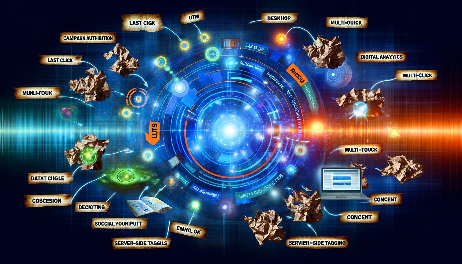 Moderne, dynamische Illustration eines Dashboards, das digitale Marketing-Touchpoints und aktuelle Attribution-Modelle in Blau, Türkis und Orange darstellt, umgeben von veralteten Last-Click-Konzepten.
