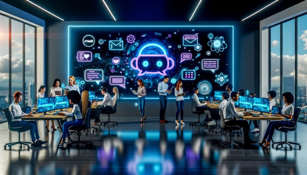 Marketer und Entwickler analysieren Echtzeit-Dashboards in einem futuristischen, technisch ausgeleuchteten Büro mit KI-Chat und holographischen Icons.