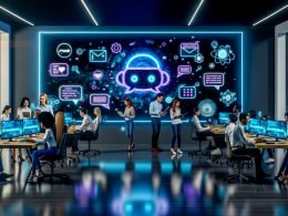Marketer und Entwickler analysieren Echtzeit-Dashboards in einem futuristischen, technisch ausgeleuchteten Büro mit KI-Chat und holographischen Icons.