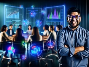 Marketing Manager vor futuristischen Dashboards mit Datenvisualisierungen, Team im Hintergrund, leuchtende Datenverbindungen und Marketing-Symbole in einer High-Tech-Analyseumgebung.