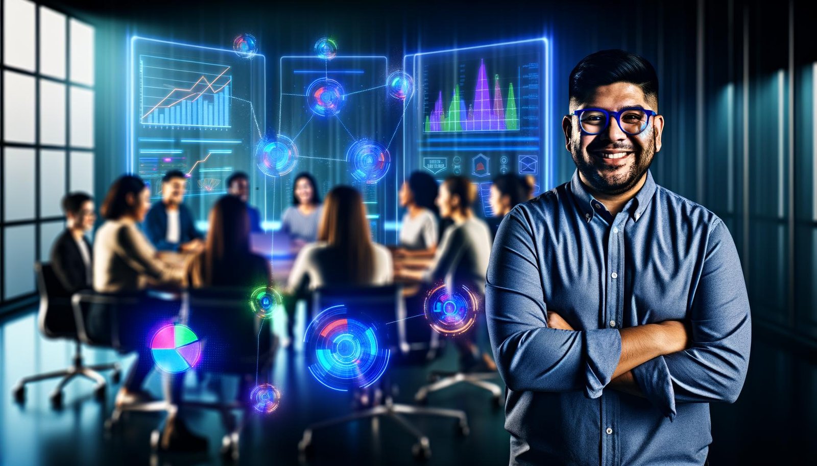 Marketing Manager vor futuristischen Dashboards mit Datenvisualisierungen, Team im Hintergrund, leuchtende Datenverbindungen und Marketing-Symbole in einer High-Tech-Analyseumgebung.