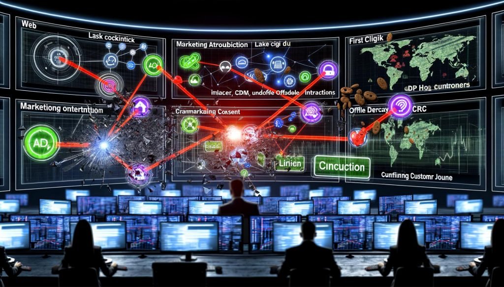Marketer in einem dunklen Kontrollraum überwacht komplexe Marketingdatenströme, verschiedene Attributionsmodelle und vernetzte Touchpoints mit Trackinghindernissen wie Cookies und DSGVO-Bannern.