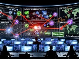 Marketer in einem dunklen Kontrollraum überwacht komplexe Marketingdatenströme, verschiedene Attributionsmodelle und vernetzte Touchpoints mit Trackinghindernissen wie Cookies und DSGVO-Bannern.