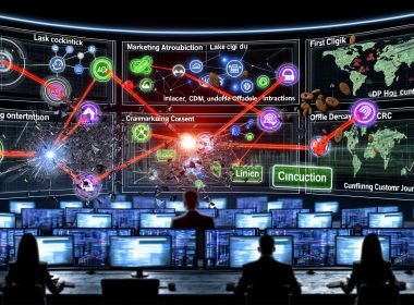 Marketer in einem dunklen Kontrollraum überwacht komplexe Marketingdatenströme, verschiedene Attributionsmodelle und vernetzte Touchpoints mit Trackinghindernissen wie Cookies und DSGVO-Bannern.