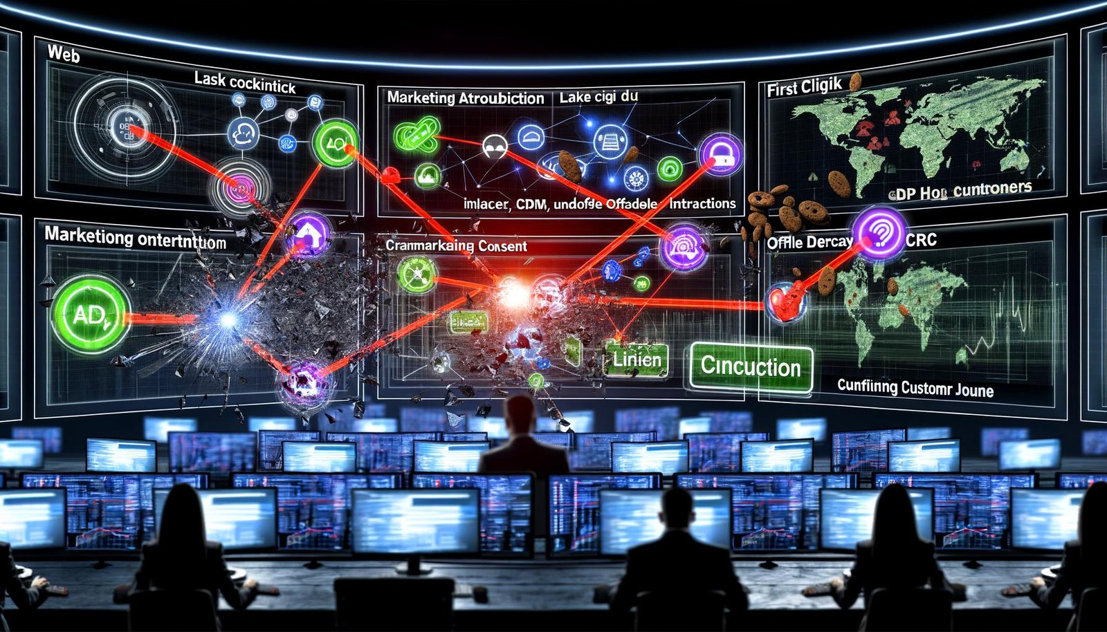 Marketer in einem dunklen Kontrollraum überwacht komplexe Marketingdatenströme, verschiedene Attributionsmodelle und vernetzte Touchpoints mit Trackinghindernissen wie Cookies und DSGVO-Bannern.