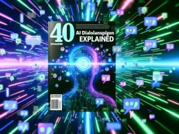 Futuristisches Magazincover mit digitaler Silhouette, bunten Datenströmen, Chatblasen, Codeschnipseln und Marketing-Elementen zu AI Dialoganzeigen.