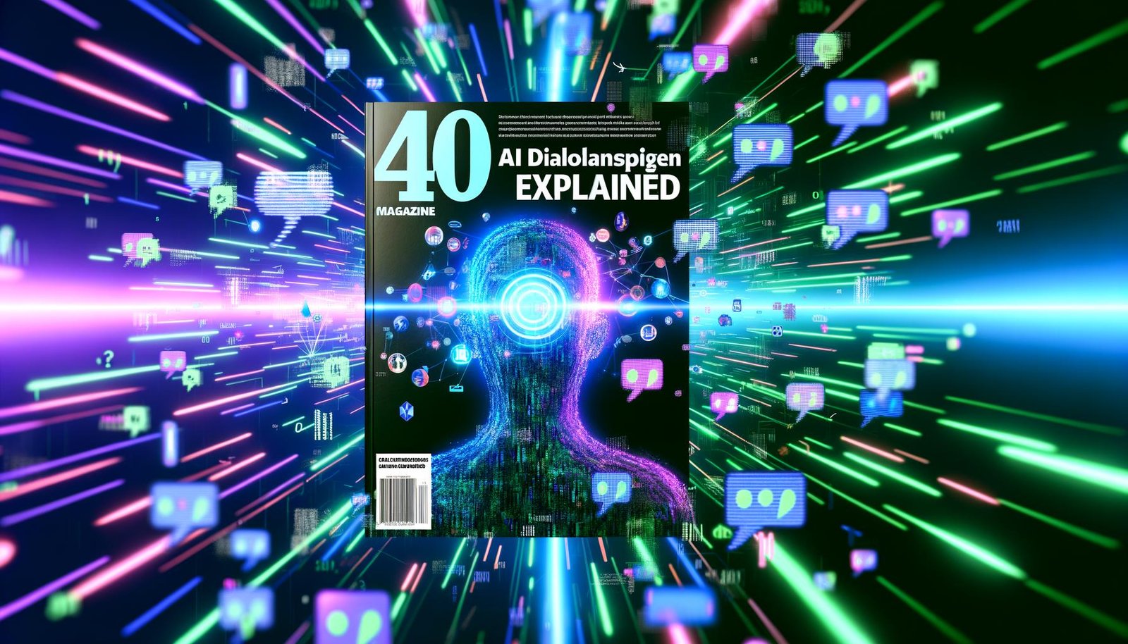 Futuristisches Magazincover mit digitaler Silhouette, bunten Datenströmen, Chatblasen, Codeschnipseln und Marketing-Elementen zu AI Dialoganzeigen.