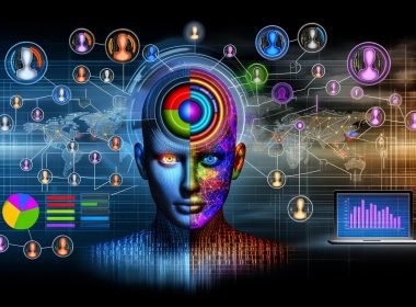 Futuristische Darstellung eines digital zusammengesetzten menschlichen Kopfes mit kreisenden Datenvisualisierungen und vernetzten Geräten zum Thema Zielgruppendaten im Marketing.