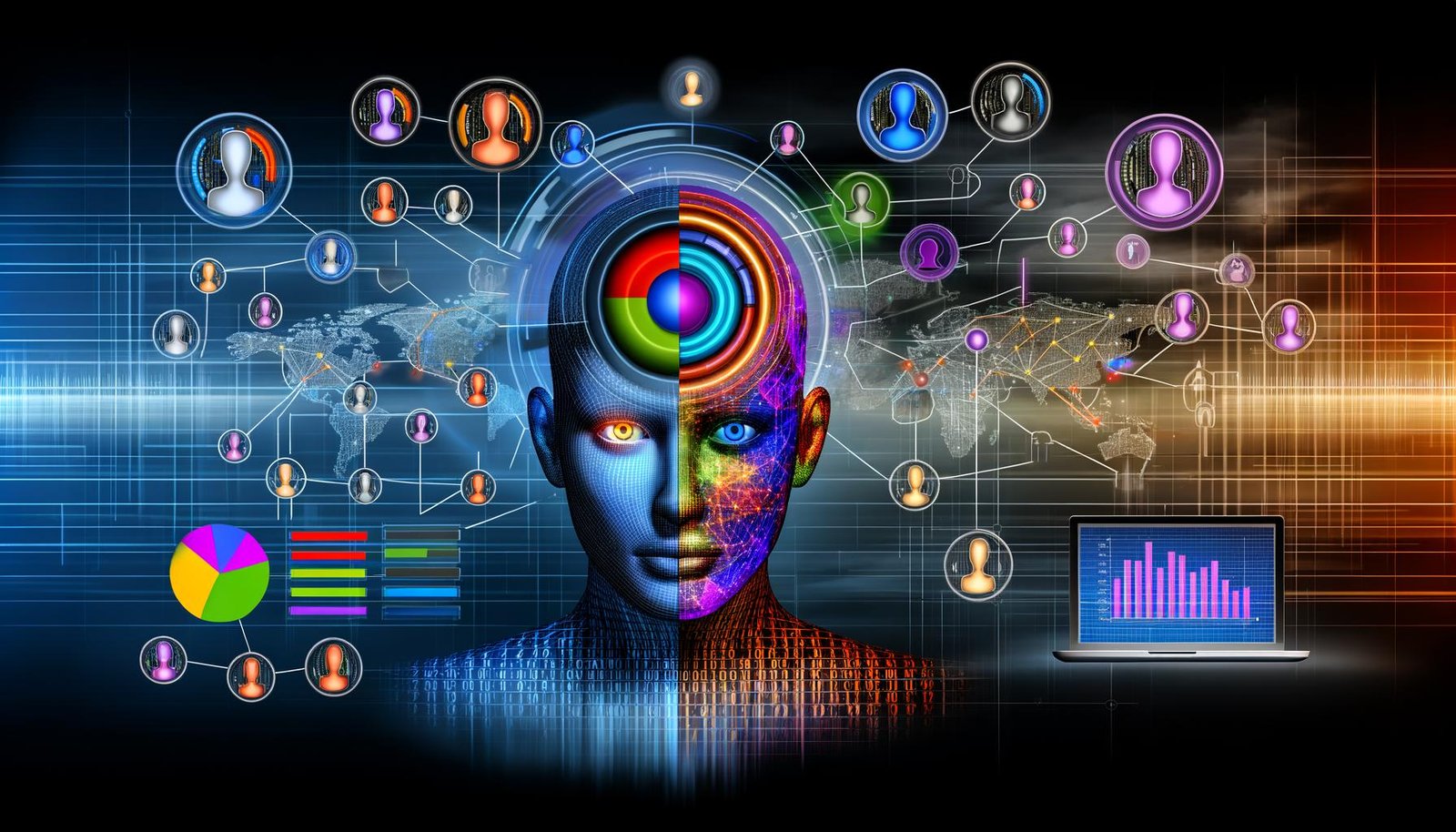 Futuristische Darstellung eines digital zusammengesetzten menschlichen Kopfes mit kreisenden Datenvisualisierungen und vernetzten Geräten zum Thema Zielgruppendaten im Marketing.