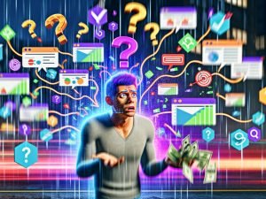 Moderne Illustration eines verwirrten Marketers, umgeben von digitalen Anzeigen, Datenlinien und Analytics-Dashboards, die die Herausforderungen bei der Kampagnenattribution visualisieren.