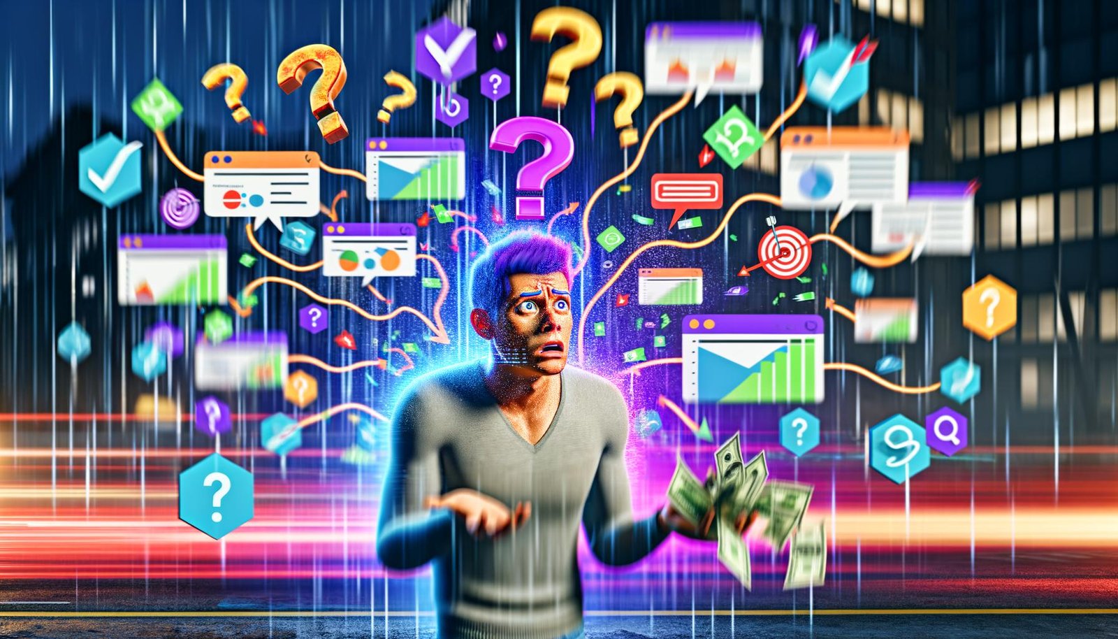 Moderne Illustration eines verwirrten Marketers, umgeben von digitalen Anzeigen, Datenlinien und Analytics-Dashboards, die die Herausforderungen bei der Kampagnenattribution visualisieren.