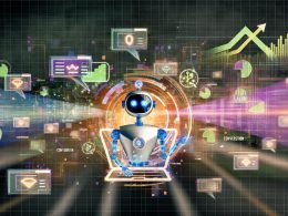Moderne, abstrakte Illustration einer KI-basierten Nutzeroberfläche mit Chatbot, Overlays, Datenströmen und Keywords wie Conversion und Lead.