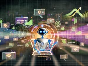 Moderne, abstrakte Illustration einer KI-basierten Nutzeroberfläche mit Chatbot, Overlays, Datenströmen und Keywords wie Conversion und Lead.