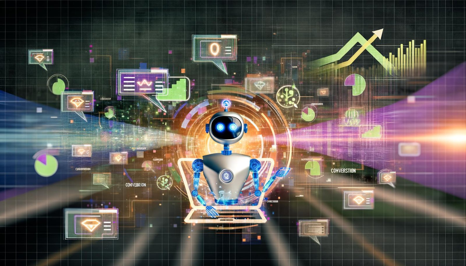 Moderne, abstrakte Illustration einer KI-basierten Nutzeroberfläche mit Chatbot, Overlays, Datenströmen und Keywords wie Conversion und Lead.