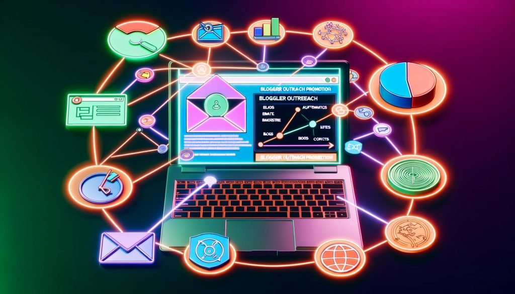 Moderne Collage mit Laptop, Outreach-Software, SEO-Tools, KPI-Diagrammen und vernetzten Blogs als Symbolbild für digitales Blogger Outreach Marketing 2025